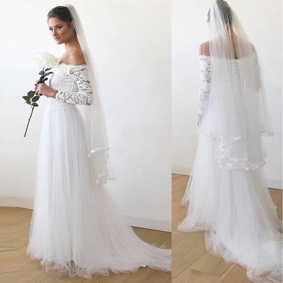 New Blush Street Ivory Off-The-Shoulder Lace & Tulle Train Wedding Dress #1162 - Picture 1 of 16